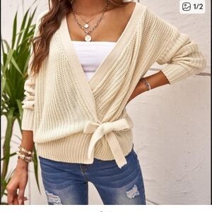 Cream Knit Wrap Sweater with Tie Belt - Women